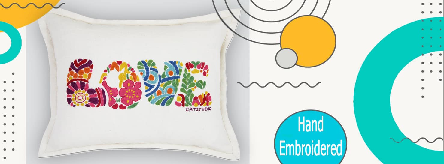 Flower Power Love Letters Hand-Embroidered Pillow - Available in Bright or Pastel