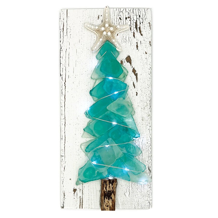 12 Inch Tree Sea Glass Christmas Trees with Lights on Wood Plank – Eclectic Treasures