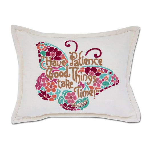 Patience Butterfly Love Letters Hand-Embroidered Pillow - Available in Pink or Blue - Eclectic Treasures