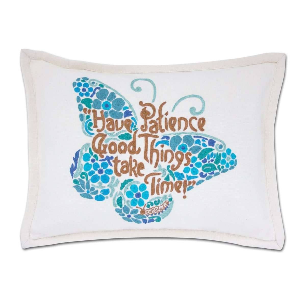 Patience Butterfly Love Letters Hand-Embroidered Pillow - Available in Pink or Blue - Eclectic Treasures